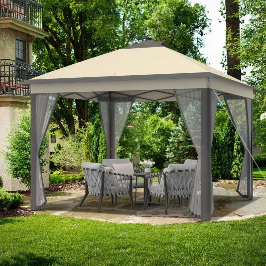 11 x 11 Feet Portable Outdoor Patio Folding Gazebo with Led Lights -Coffee