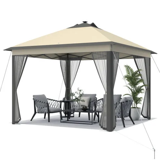 11 x 11 Feet Portable Outdoor Patio Folding Gazebo with Led Lights -Coffee