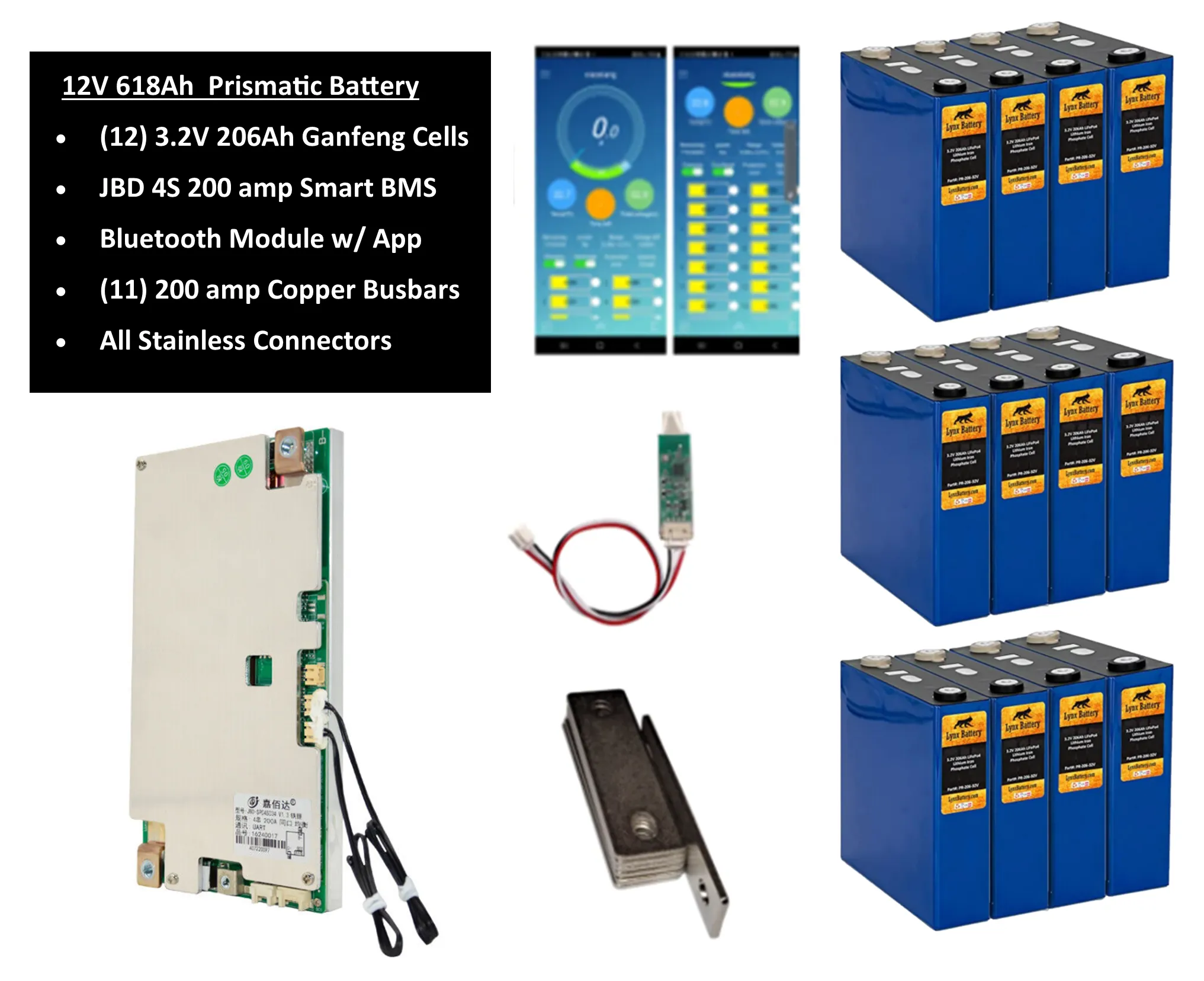 12V Lithium Iron Phosphate (LiFePO4) Prismatic Battery with Bluetooth Smart JBD BMS