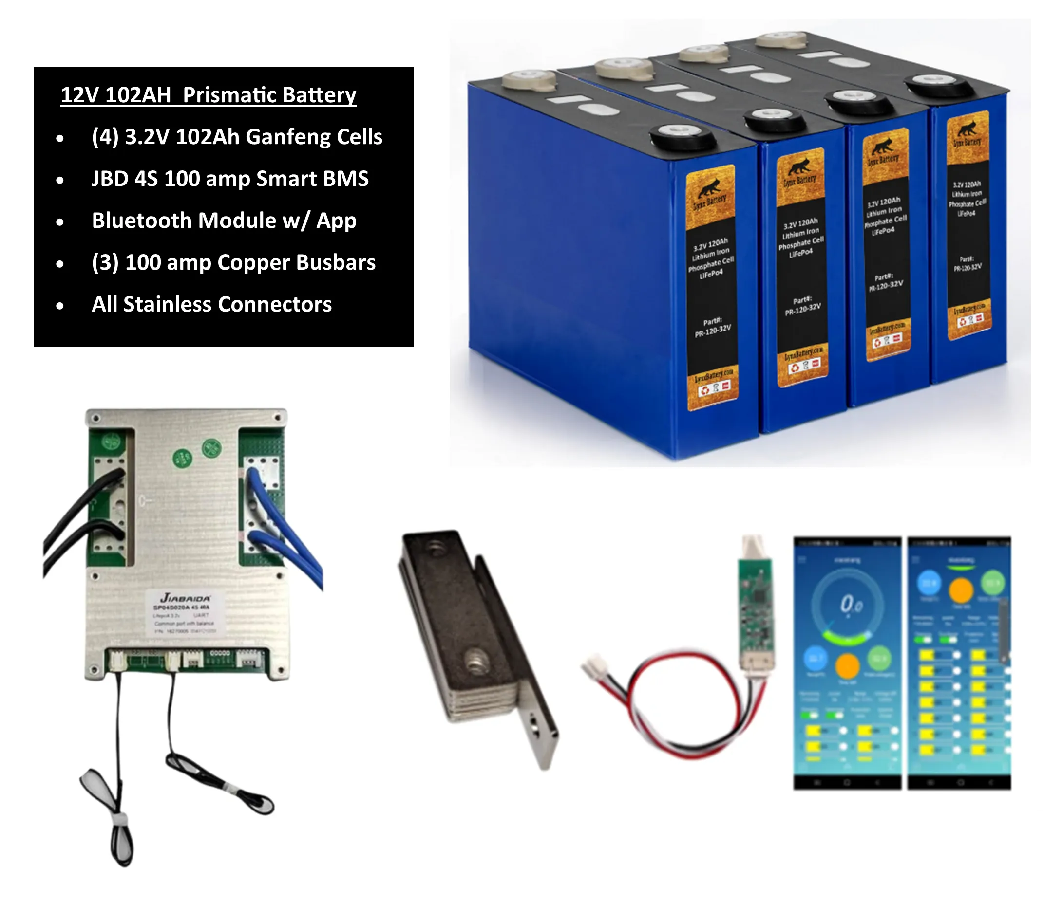 12V Lithium Iron Phosphate (LiFePO4) Prismatic Battery with Bluetooth Smart JBD BMS