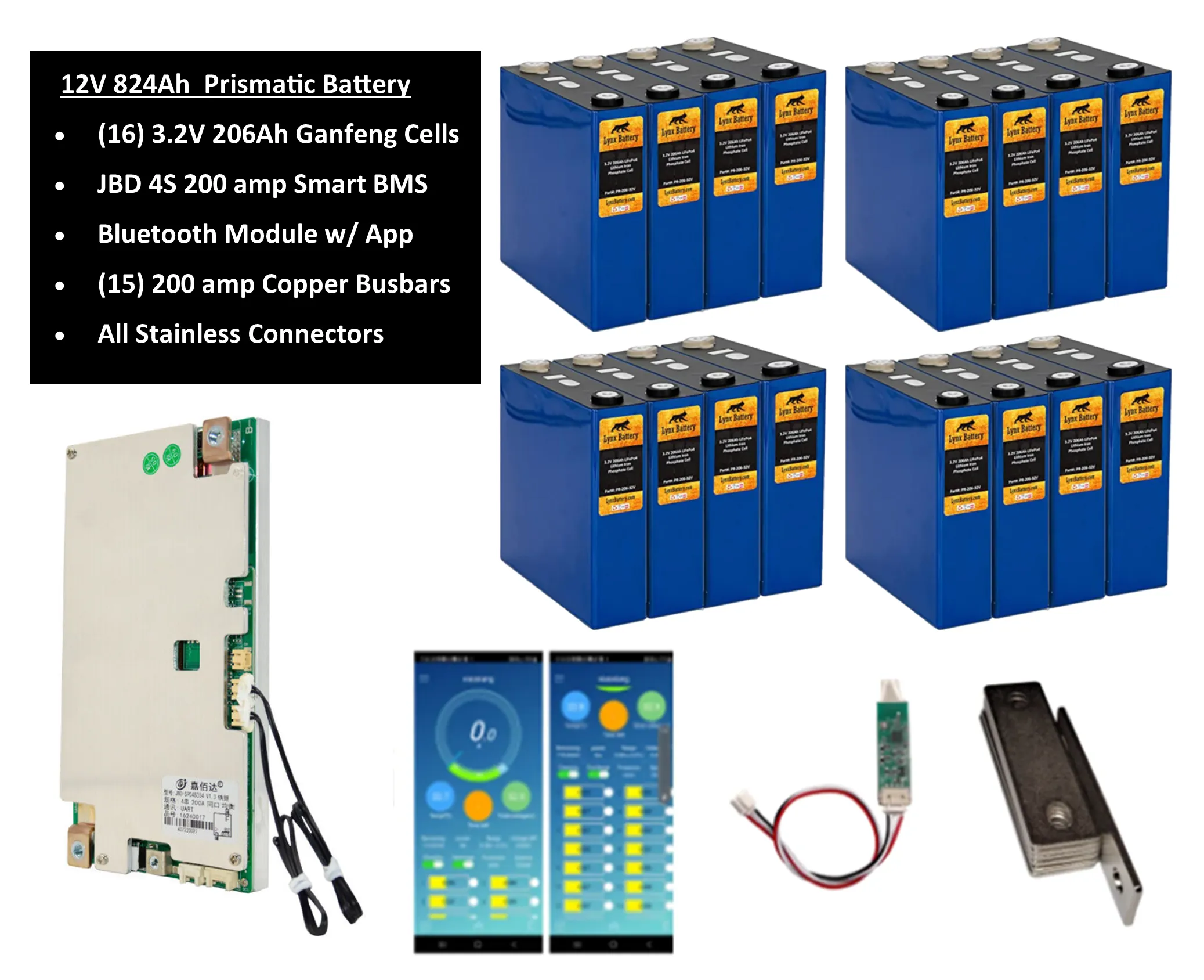 12V Lithium Iron Phosphate (LiFePO4) Prismatic Battery with Bluetooth Smart JBD BMS