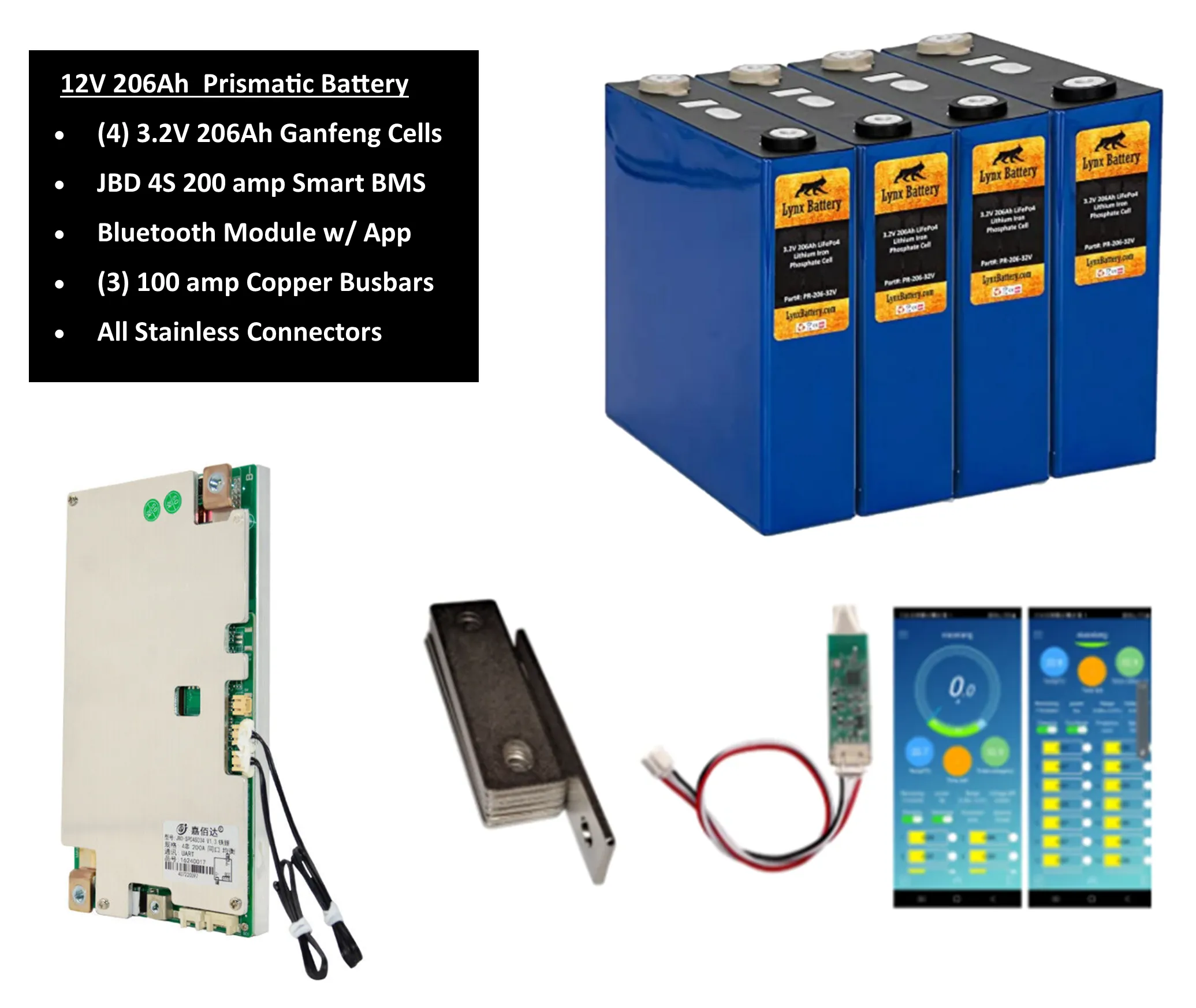 12V Lithium Iron Phosphate (LiFePO4) Prismatic Battery with Bluetooth Smart JBD BMS