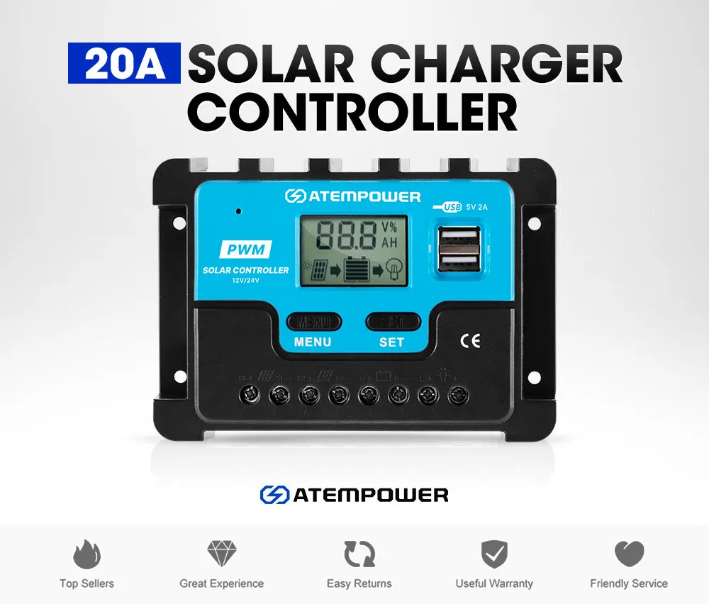 20A Solar Charge Controller 12V 24V Lithium Battery Panel Regulator 2 USB LCD