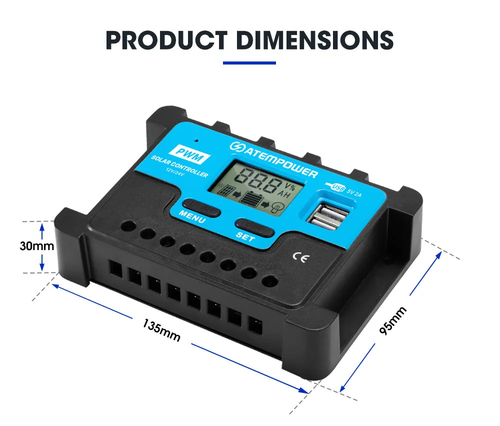 20A Solar Charge Controller 12V 24V Lithium Battery Panel Regulator 2 USB LCD