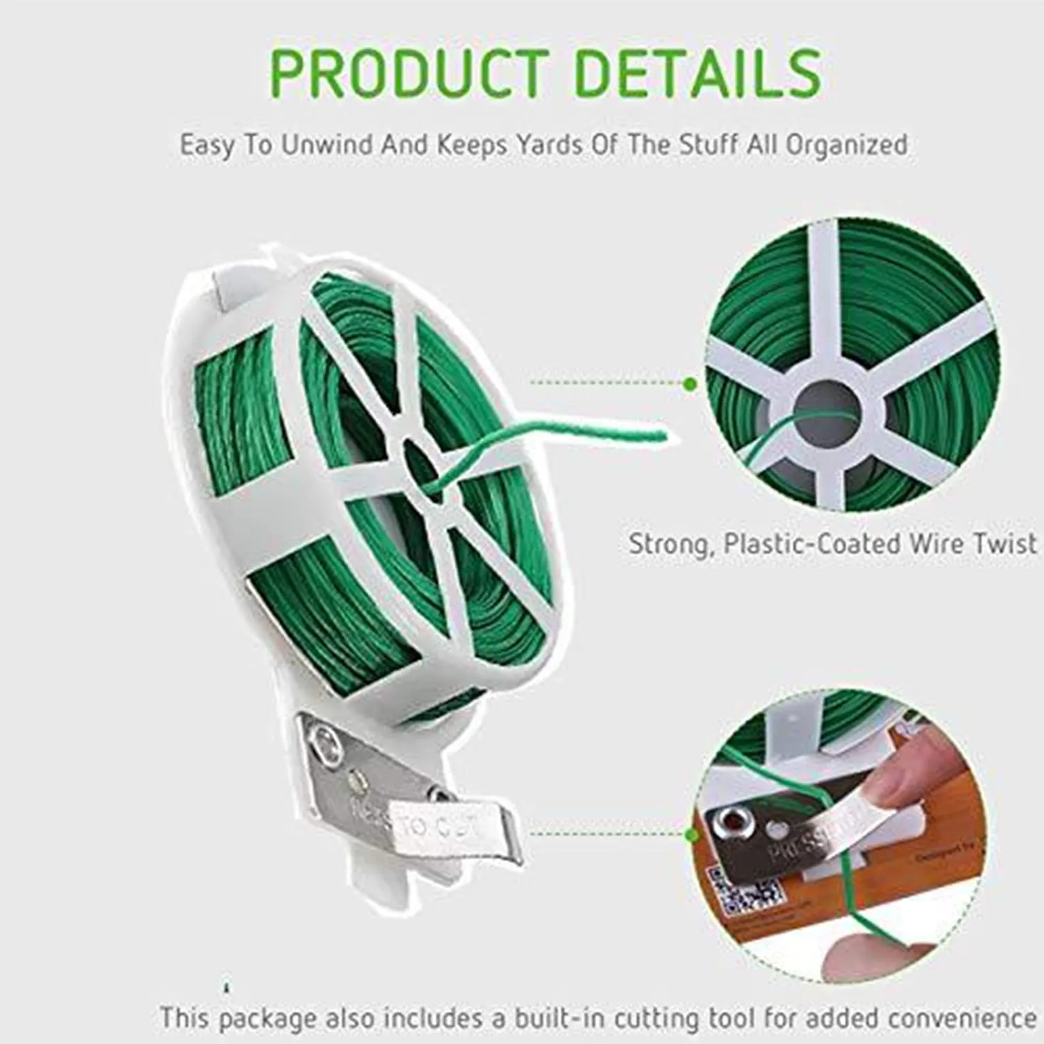 873 Plastic Twist Tie Wire Spool With Cutter For Garden Yard Plant 50m (Green)