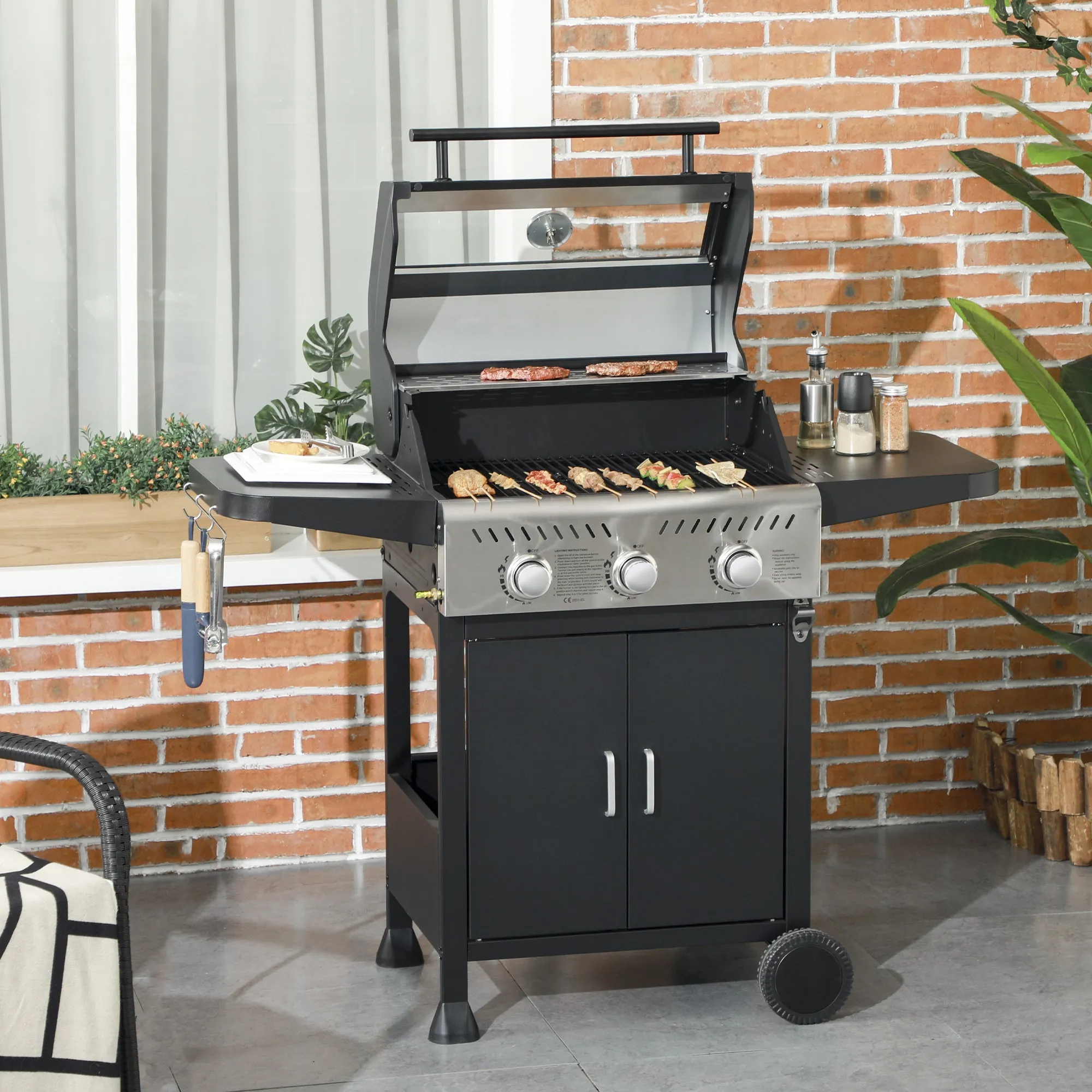 9 kW 3 Burner Gas BBQ Grill with See-through Lid, Black