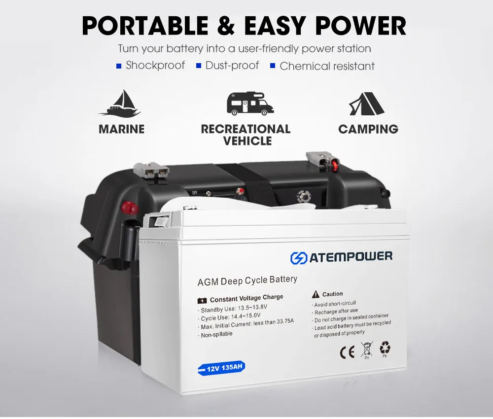 Atem Power 12V 135Ah AGM Deep Cycle Battery   12V 40A DC to DC Battery Charger   Battery Box