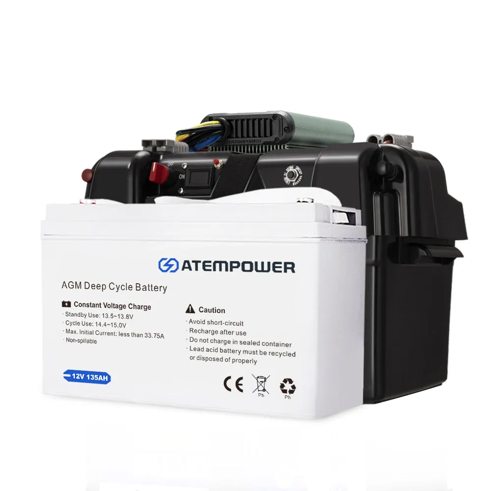 Atem Power 12V 135Ah AGM Deep Cycle Battery   12V 40A DC to DC Battery Charger   Battery Box