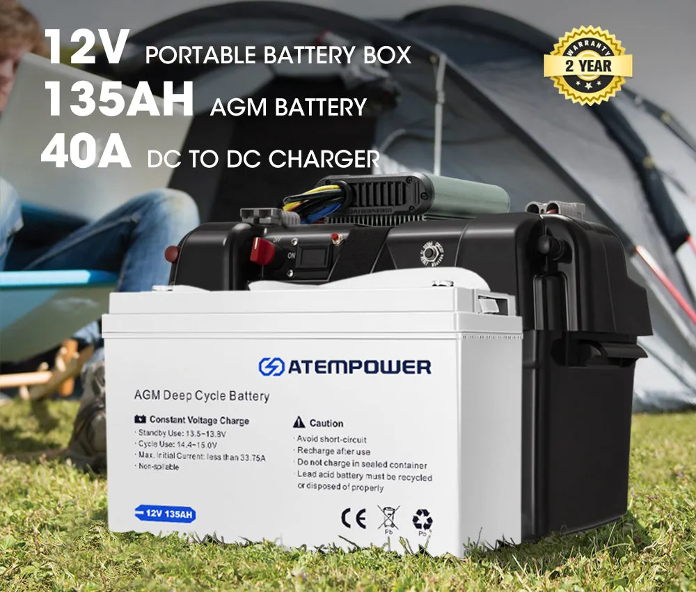 Atem Power 12V 135Ah AGM Deep Cycle Battery   12V 40A DC to DC Battery Charger   Battery Box