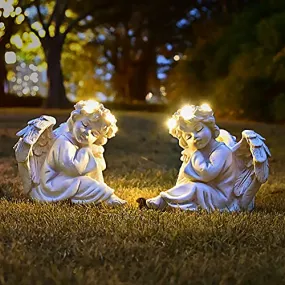 Juliahestia Angel Statue Garden Decor for Outside Solar Outdoor Decorations Cherub for Christmas Yard Porch Home Lawn Gifts (2pcs) Light up Figurine Memorial with Halo