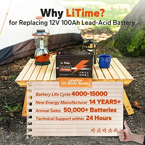 LiTime 12V 100Ah LiFePO4 Battery Built-in 100A BMS, Up to 15000 Cycles, Perfect for RV, Marine, Home Energy Storage