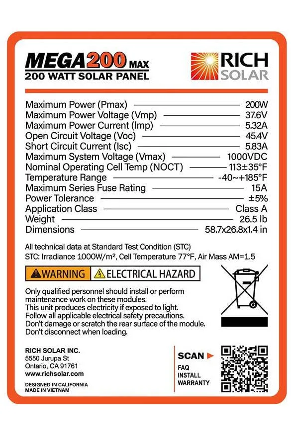 Rich Solar Mega 200 Watt 24 Volt Solar Panel