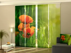 Set of 4 Panel Curtains Red Poppies in Green Field