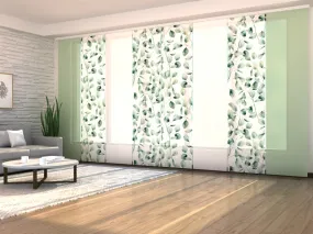 Set of 8 Panel Curtains Tenderness Green Leaves with Green and White Lines