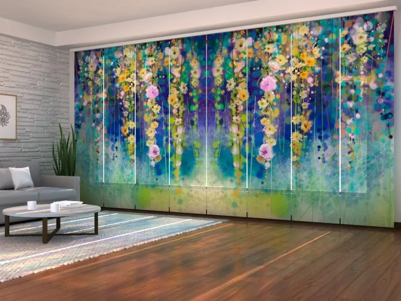 Sliding Panel Curtain Abstract Floral Watercolor Painting