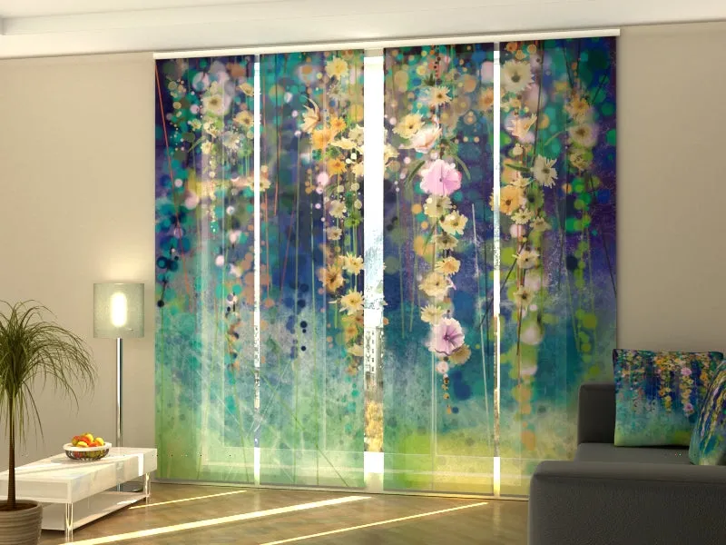 Sliding Panel Curtain Abstract Floral Watercolor Painting