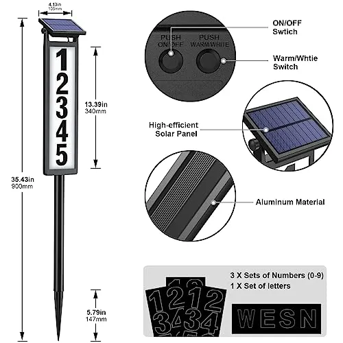 Solar Address Sign, House Numbers for Outside, Lighted Address Plaque Outdoor Waterproof, Illuminated LED Address Numbers for Yard Home