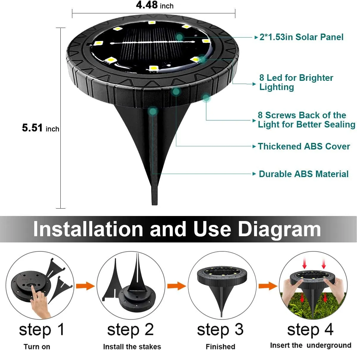 Solar Powered Ground Lights 8 Pack,Ip68 Waterproof Outdoor LED Disk Lights for Garden,Non-Slip Landscape Path Lighting for Patio Lawn Yard,Pathway Wear-Resistant Deck Lights Walkway Decor(Warm White)