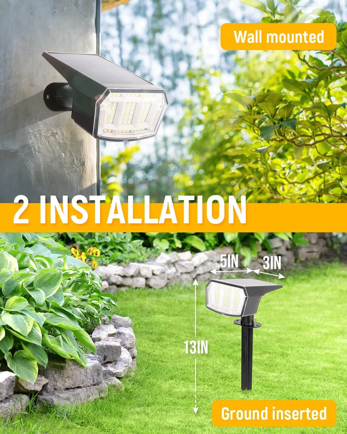 Solar Spot Lights Outdoor Waterproof IP65, 63 LED 3 Lighting Modes Landscape Lights Illuminate Yard Garden House Garage for Christmas Outside-2 Pack