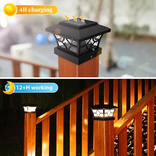 VOLISUN Solar Post Cap Lights 4x4/6x6,Outdoor Fence Post Cap Lights,Vinyl Fence Post Solar Lights White/Black Wooden Solar Powered Deck Post Lights for Dock Waterproof 2 Color Modes 4Pack