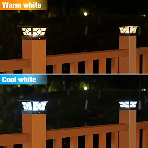 VOLISUN Solar Post Cap Lights 4x4/6x6,Outdoor Fence Post Cap Lights,Vinyl Fence Post Solar Lights White/Black Wooden Solar Powered Deck Post Lights for Dock Waterproof 2 Color Modes 4Pack