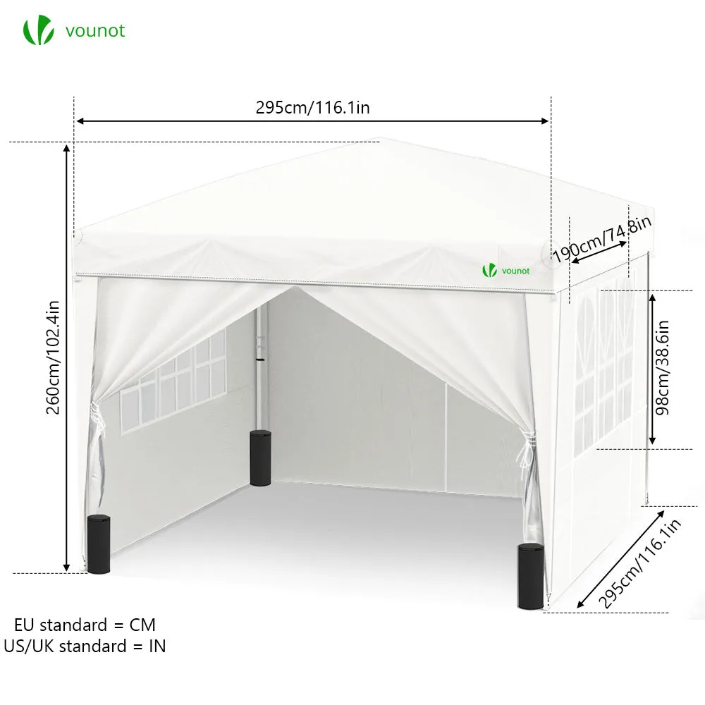 VOUNOT 3m x 3m Pop Up Gazebo with Sides & 4 Weight Bags & Carry Bag, White